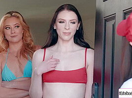 Petite delivery crew having threesome with lesbian teens